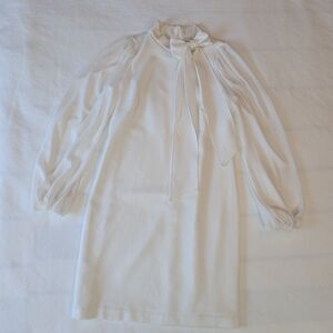 Vince Camuto Ivory Crepe Bow-Neck Shift Dress Chiffon Bishop Sleeve